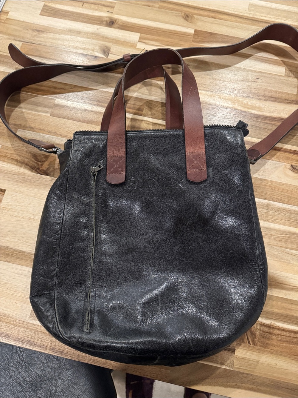 RUDSAK Black Leather Shoulder Tote with Brown Handles